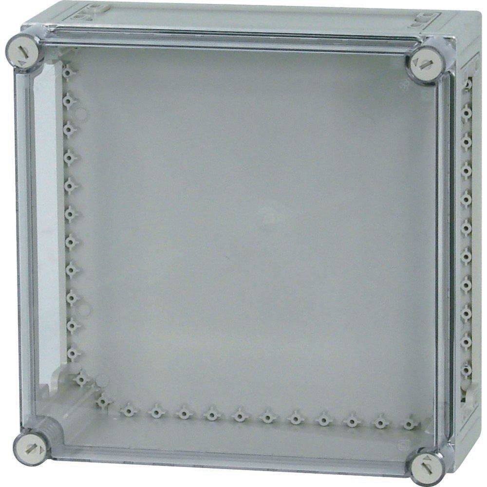 Eine transparente elektrische Gehäusebox mit einem durchsichtigen Deckel, Metallschrauben an den Ecken, geeignet zum Schutz von Leitungen und Komponenten in Innenräumen.