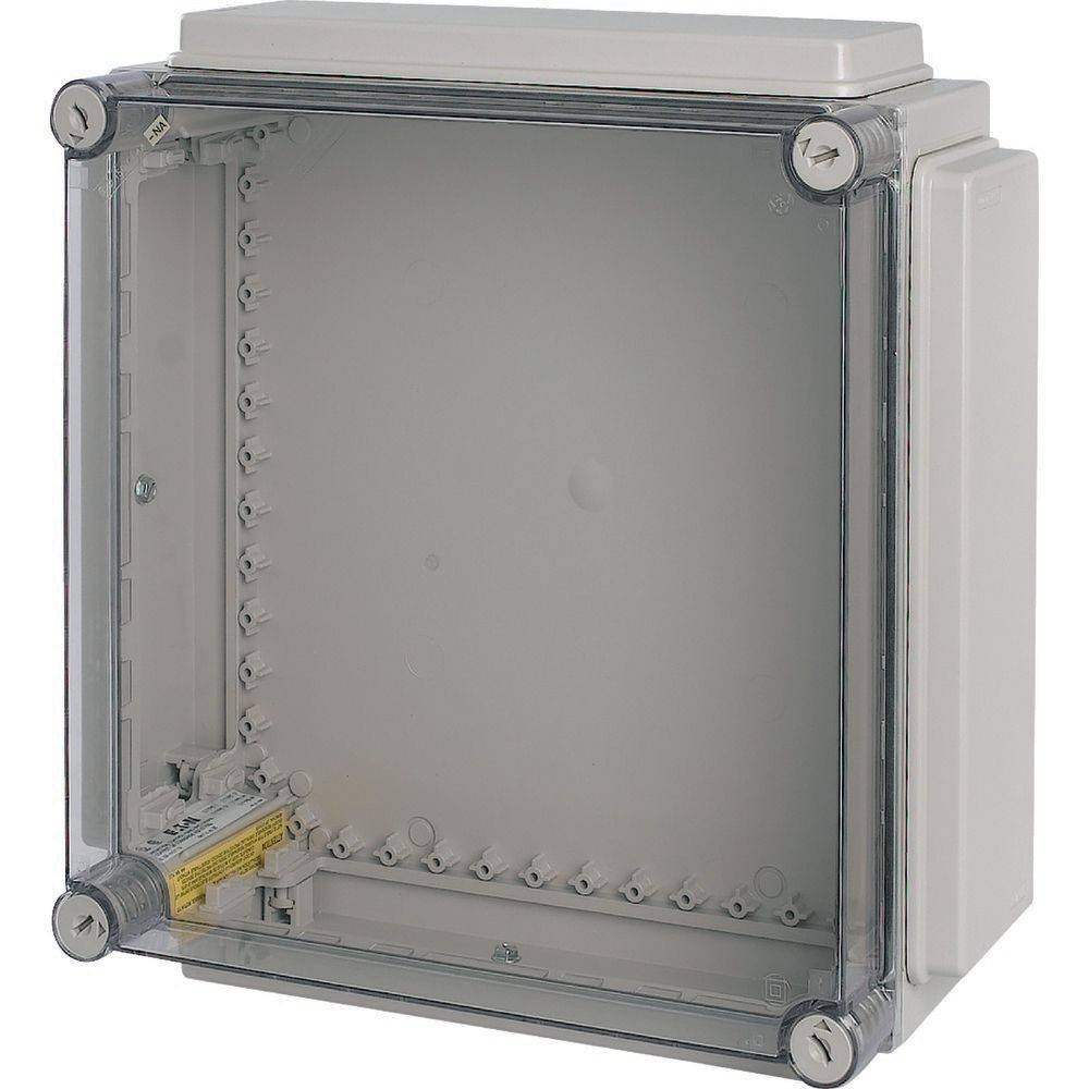 Elektrische Gehäusebox aus Kunststoff mit transparentem Deckel und Metallschrauben, konzipiert zum Unterbringen und Schutz von elektrischen Komponenten.