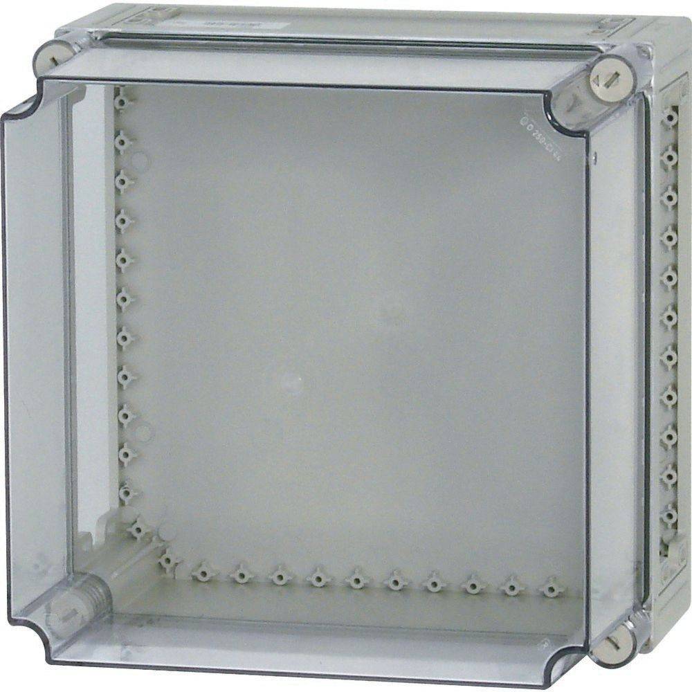 Eine klare, quadratische Elektro-Verteilerdose aus Kunststoff mit einem klappbaren, transparenten Deckel, die keine internen Komponenten oder Verkabelung im Inneren erkennen lässt.