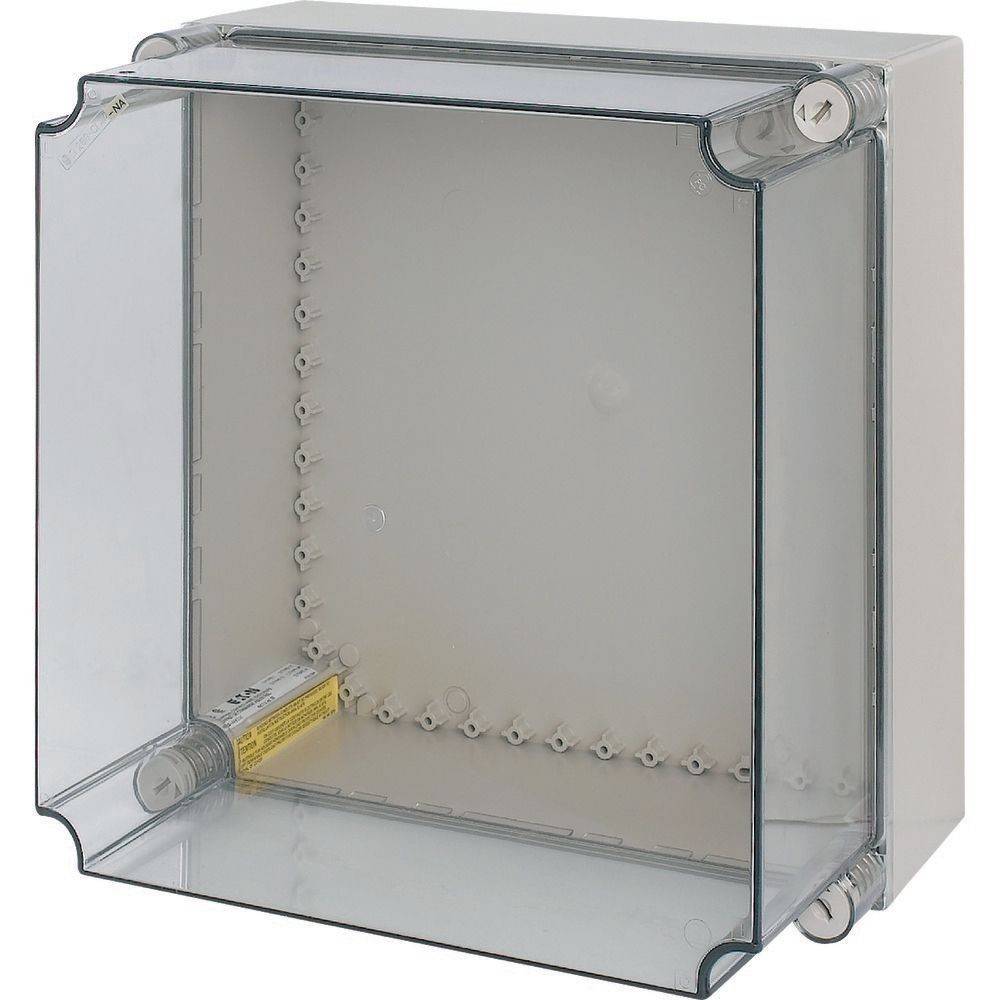 Eine transparente, quadratische elektrische Gehäuse mit einem durchsichtigen Deckel, verwendet zur Aufnahme von elektrischen Komponenten.