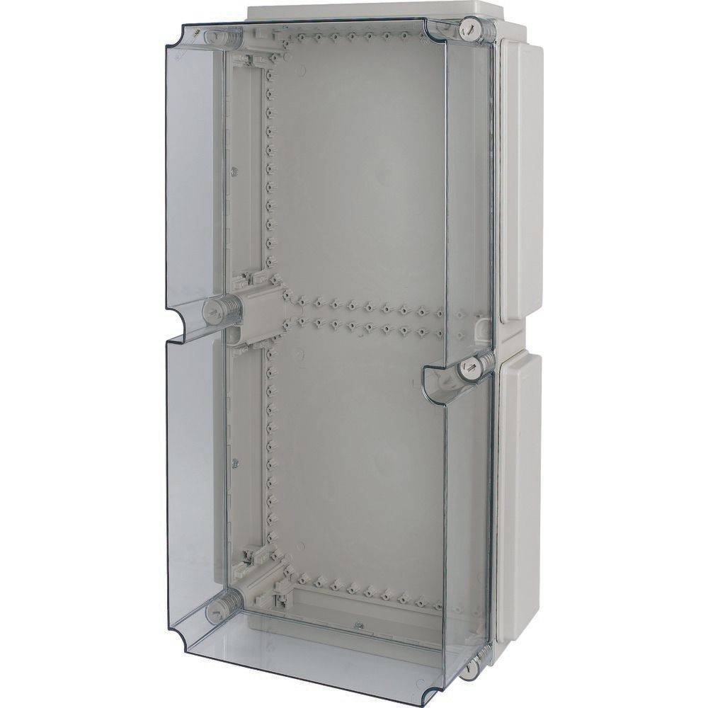 Ein offenes, transparentes Polycarbonat-Elektrogehäuse mit einer Tür mit Scharnier, das für den Außen- oder industriellen Einsatz konzipiert ist.