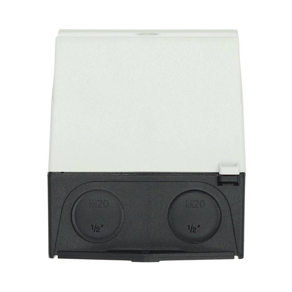 Eine weiße und schwarze Kunststoff-Elektrogehäuse mit zwei kreisrunden Vertiefungen, beschriftet mit 