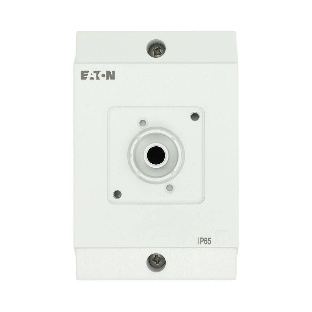 Ein weißes Eaton IP65 Schaltschrankgehäuse mit zwei Befestigungsschrauben und einer zentralen Bohrung für die Installation eines Schalters oder Tasters.