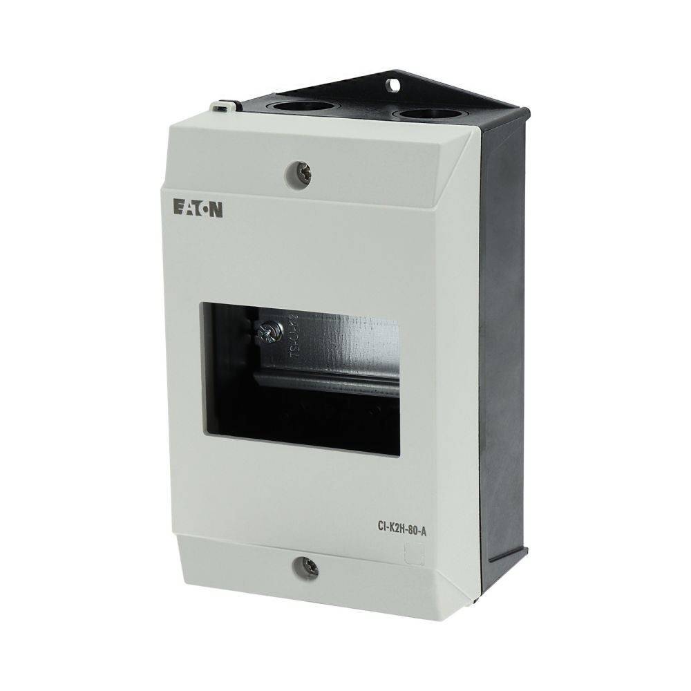 Ein grauer Eaton CI-K2A-80-A Schutzgehäuse mit Fensteröffnung, das zum Unterbringen von elektrischen Geräten oder Komponenten verwendet wird.