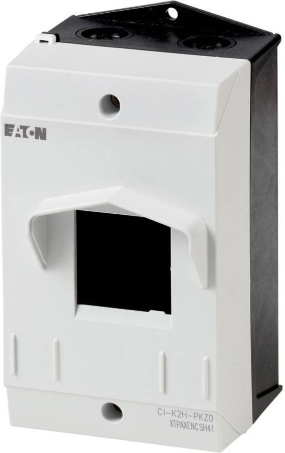 Ein weißes Kunststoffgehäuse mit einer rechteckigen Öffnung und dem Eaton-Logo, das zur Aufnahme elektrischer Komponenten konzipiert ist.