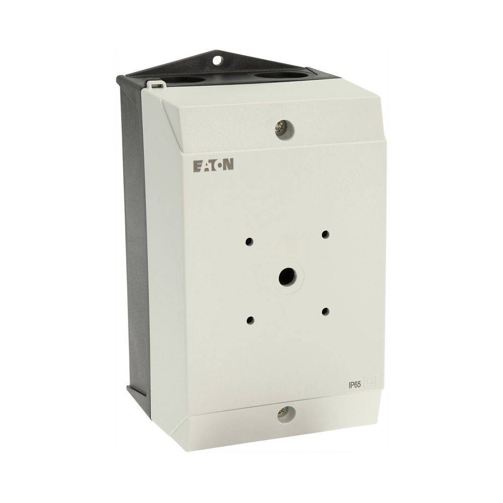 Eine weiße Eaton Steuerbox mit schwarzem Rückpanel, versehen mit mehreren Befestigungslöchern, geeignet für industrielle Anwendungen mit IP65-Schutzart.