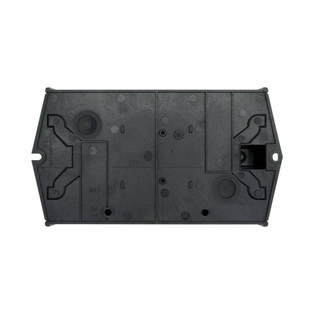 Schwarzes Kunststoffgehäuse in rechteckiger Form mit Befestigungslöchern und geprägten geometrischen Mustern, entwickelt zum Schutz und zur Unterbringung elektronischer Bauteile.