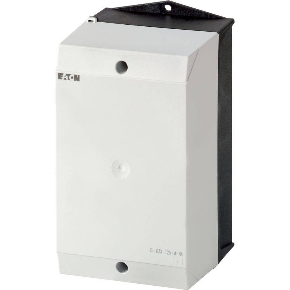Weißer elektrischer Installationskasten mit Eaton-Logo, an einer Wand montiert. Verwendet zur Unterbringung und zum Schutz elektrischer Komponenten.