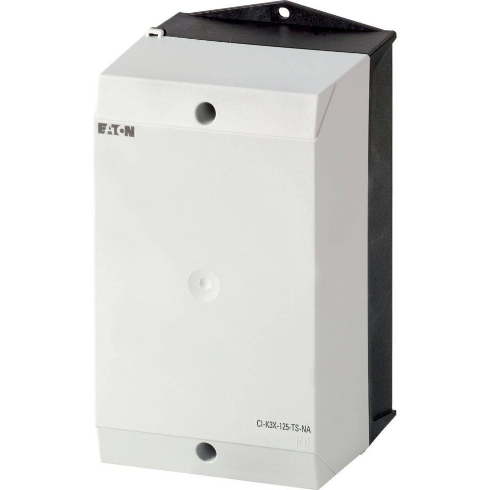 Eine weiße und schwarze elektrische Box, die oben links mit 'Eaton' beschriftet ist; mit industriellem Design, geeignet für Wandmontage.