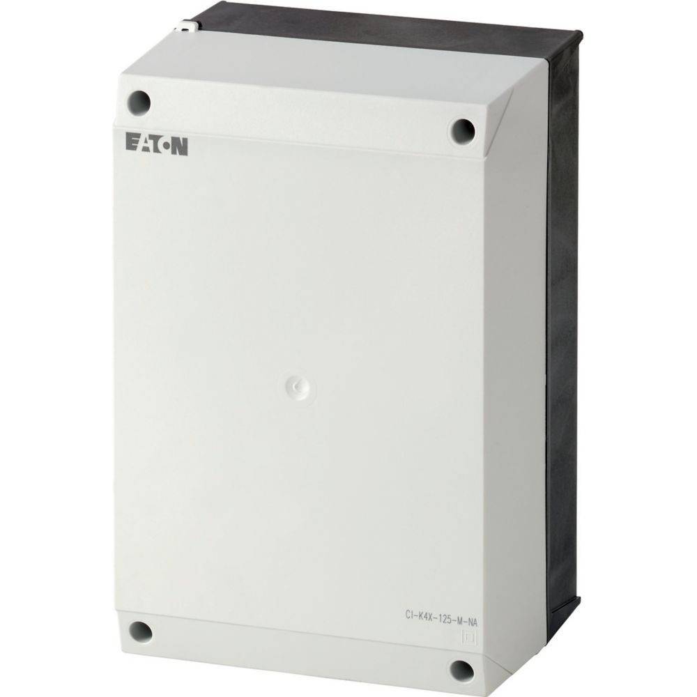 Ein rechteckiges weißes elektrisches Gehäuse mit dem Markennamen 'Eaton' oben links.