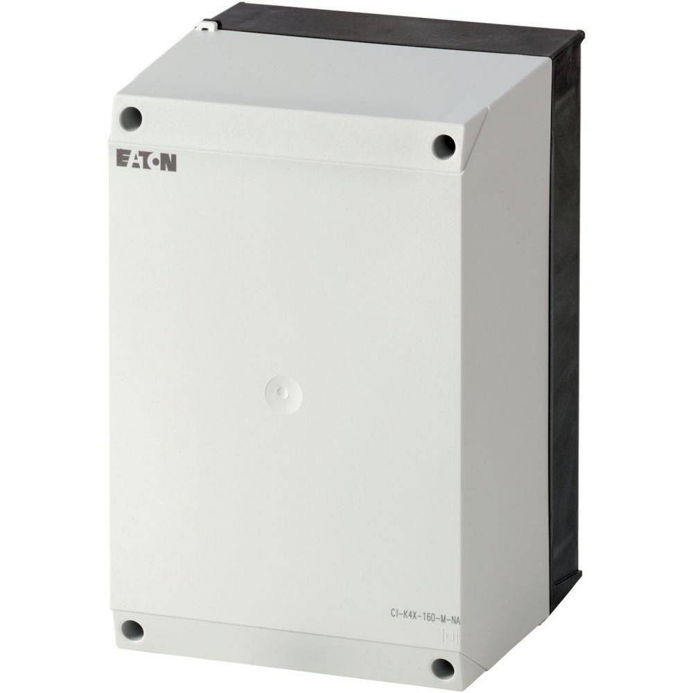 Elektrische Gehäusebox mit der Aufschrift 'Eaton', rechteckig mit glatter Vorderseite und abgeschrägten Kanten, ausgelegt zum Unterbringen und Schützen von Komponenten.