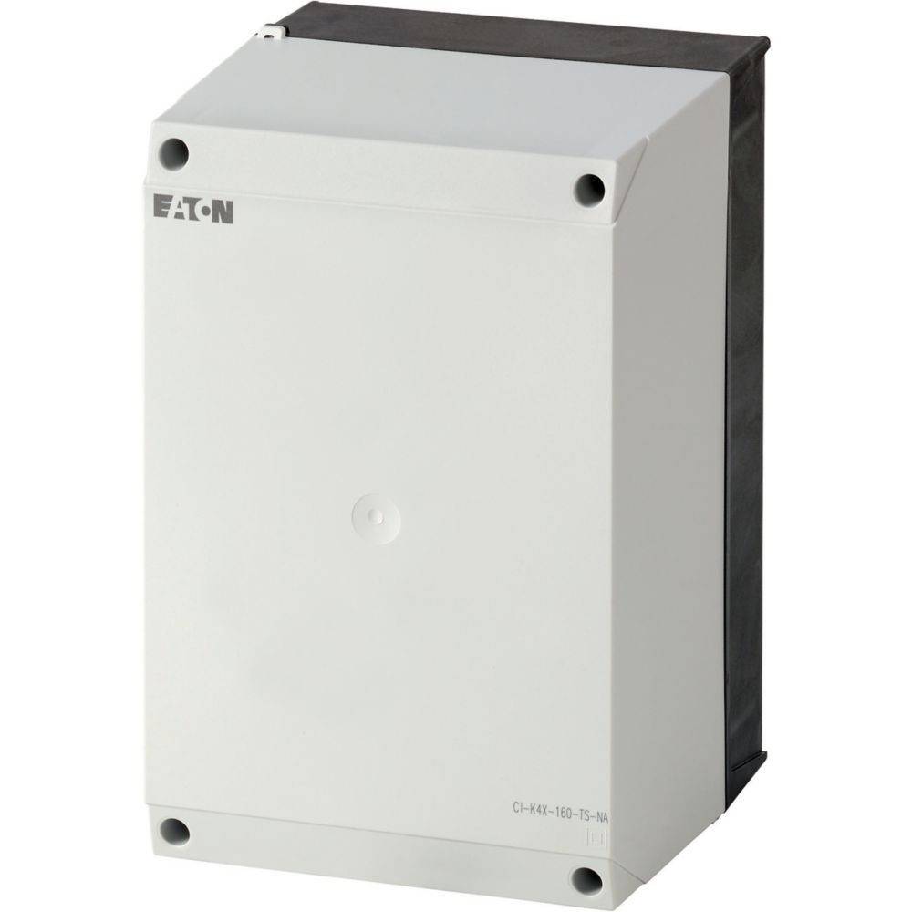 Ein rechteckiges, weißes Elektrogehäuse mit schwarzer Rückseite, das links oben mit 'Eaton' beschriftet ist.