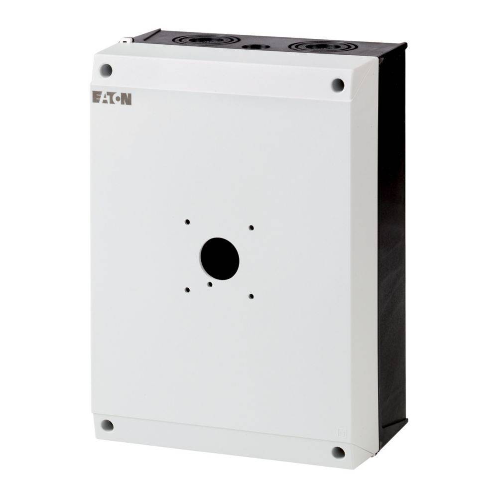 Elektrische Gehäusebox, weiß mit einer zentralen kreisförmigen Öffnung und dem Markennamen 'Eaton' oben links. Geeignet für die Verwendung im Innenbereich.