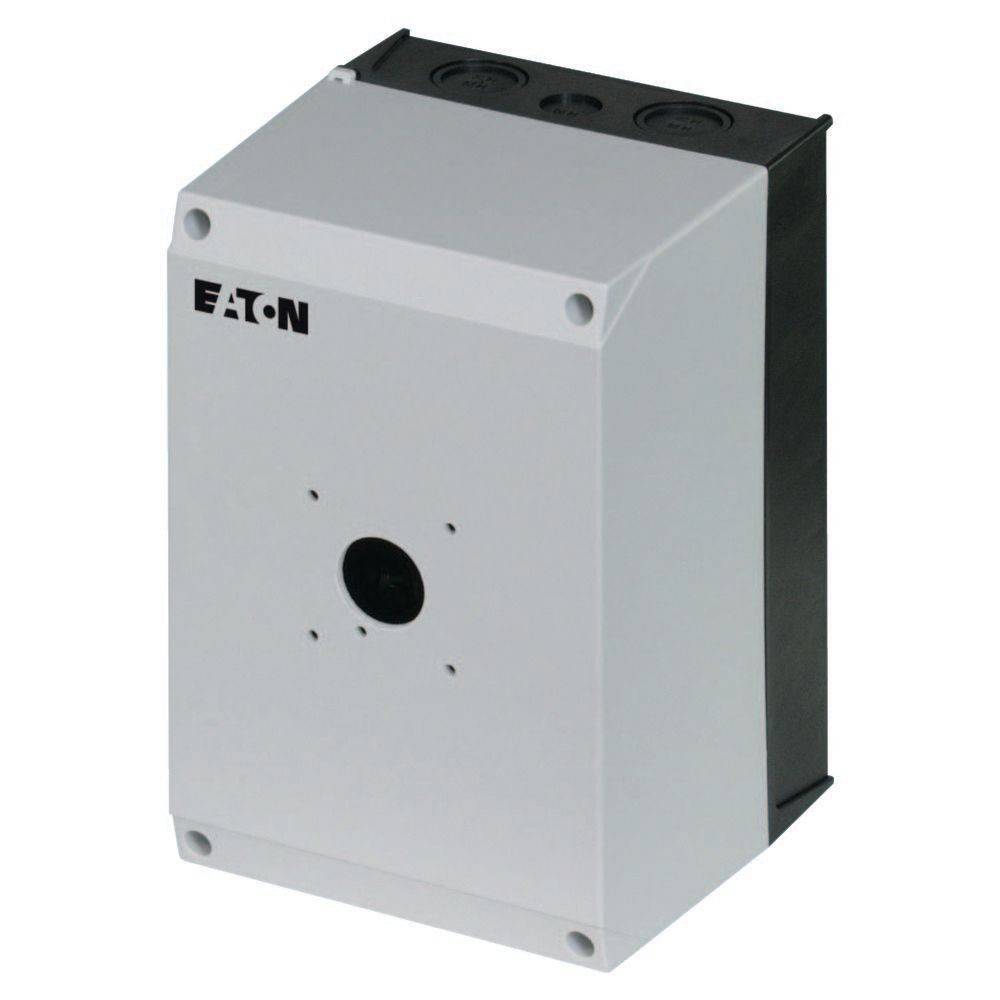 Eine graue rechteckige Eaton-Elektroverteilerdose mit einer zentralen kreisrunden Aussparung und Schraublöchern, wahrscheinlich zur Montage oder zum Gehäusen von Komponenten verwendet.