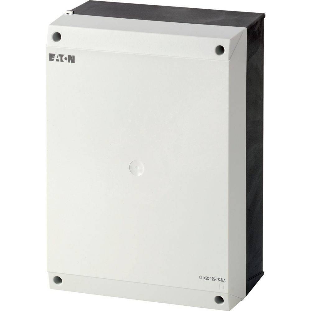 Eine graue Elektroverteilerdose mit dem Eaton-Logo in der oberen linken Ecke. Die Dose ist rechteckig mit einer glatten Vorderseite und scheint an einer Wand montiert zu sein.