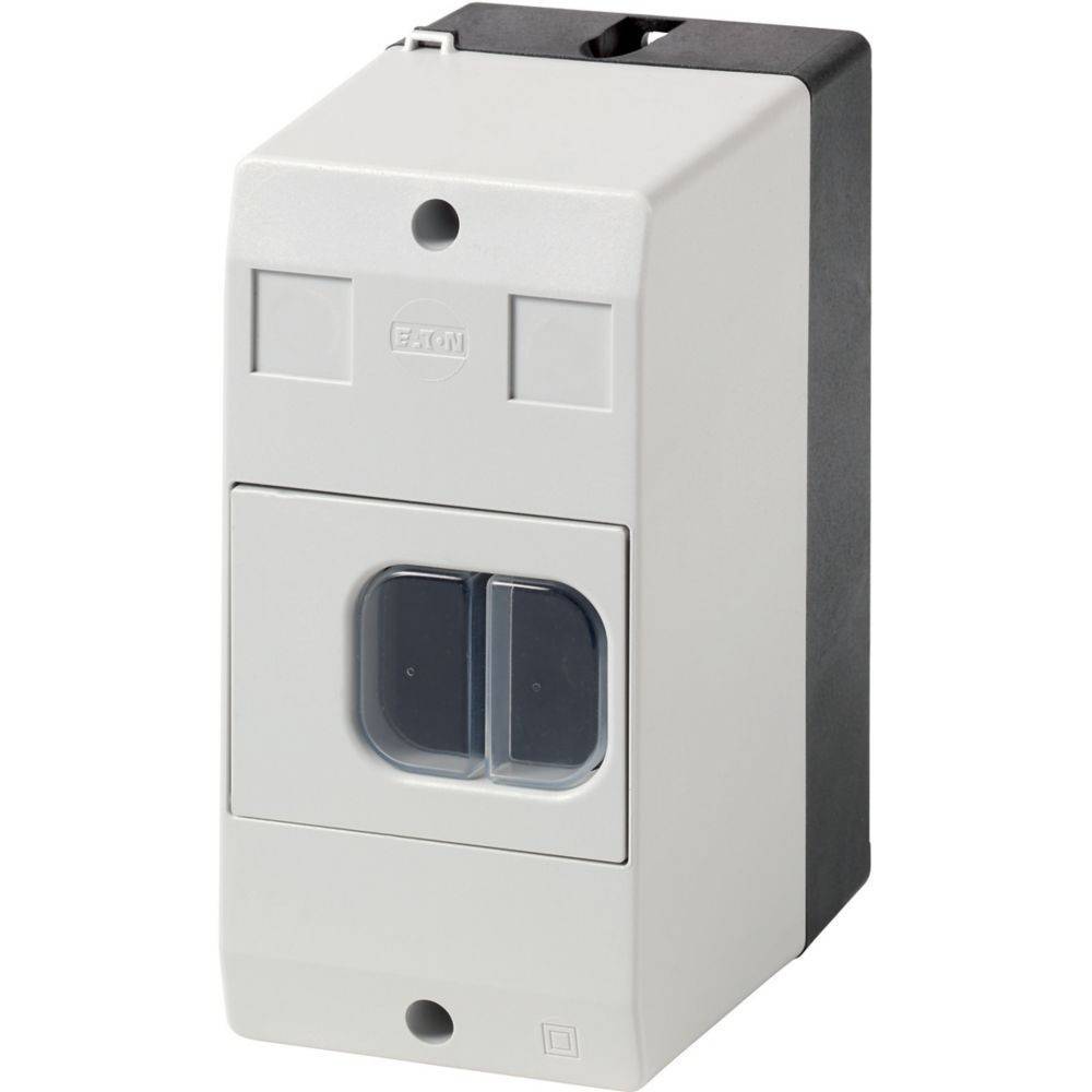 Eine weiße, rechteckige elektrische Schalterbox mit zwei grauen Schaltertasten.
