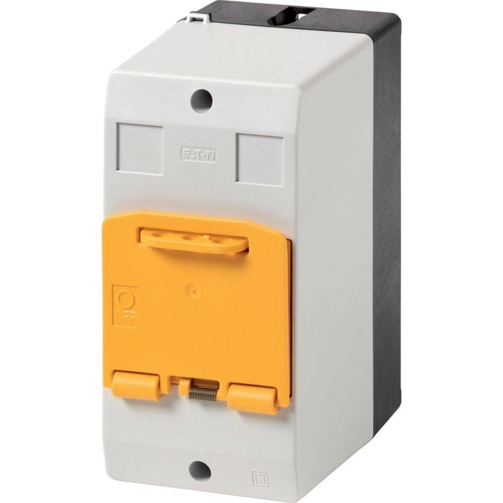 Elektrischer Sicherungsautomat mit einem grauen Gehäuse und einem orangefarbenen Frontpanel, der eine Markenetikette und einen Hebel zum Ein- und Ausschalten zeigt.