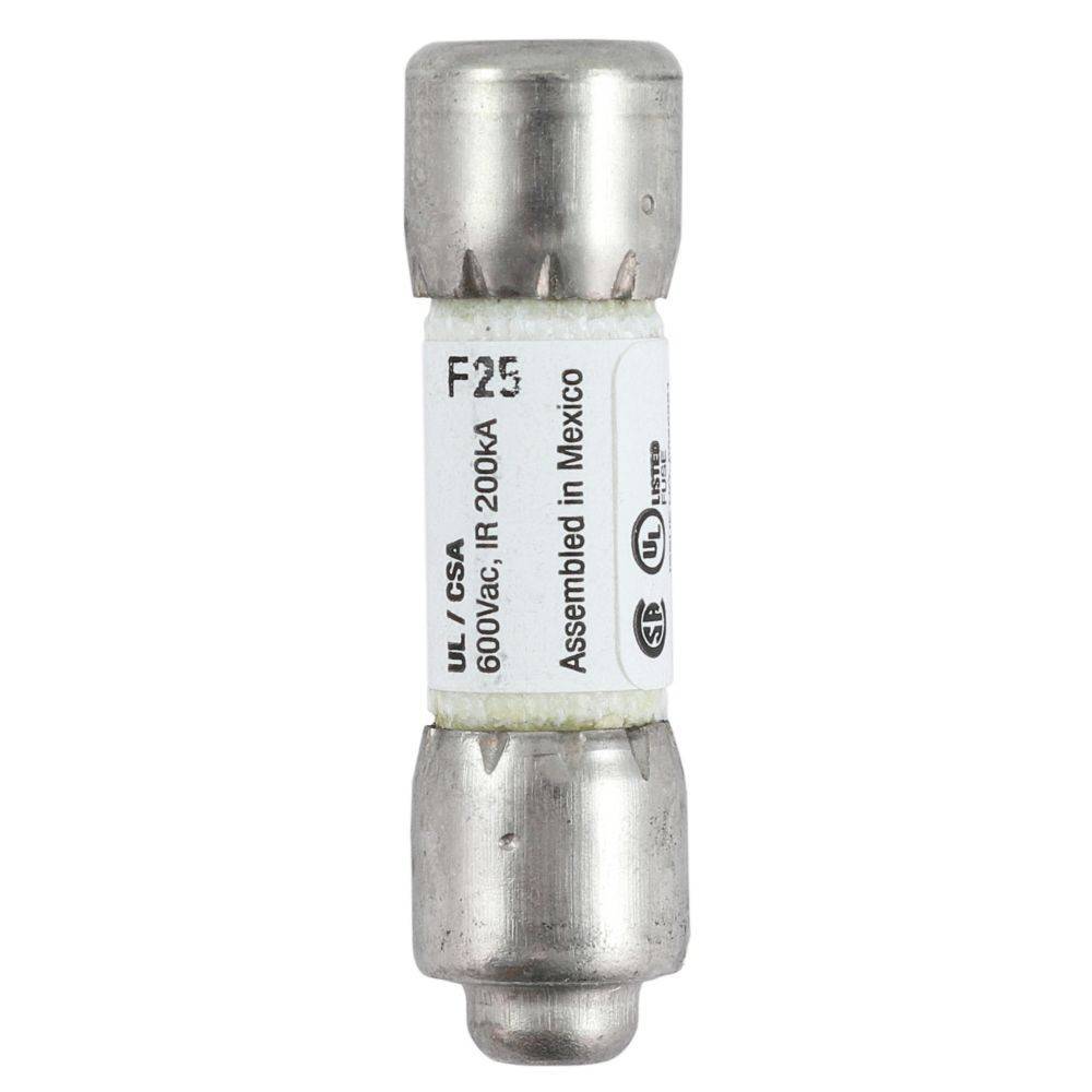 Eine Zylindersicherung mit Metallenden, beschriftet mit 'F25', '600 Vac IR 200kA' und 'Hergestellt in Mexiko', gekennzeichnet mit Zertifizierungssymbolen.