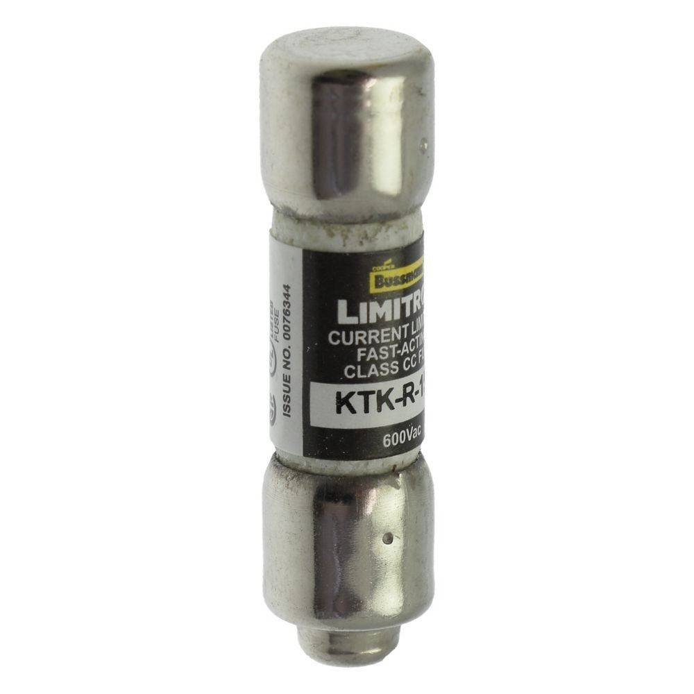 Eine Zylindersicherung mit der Bezeichnung 'Bussmann Limitron KTK-R-1 600V', die zum elektrischen Überlastschutz verwendet wird und metallische Endkappen aufweist.