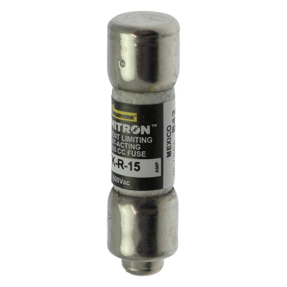 Eine silberne Zylindersicherung mit der Bezeichnung 'Littelfuse Ferraz Shawmut K-R-15 600Vac', die für stromstreckende und schnell ansprechende Anwendungen konzipiert ist.