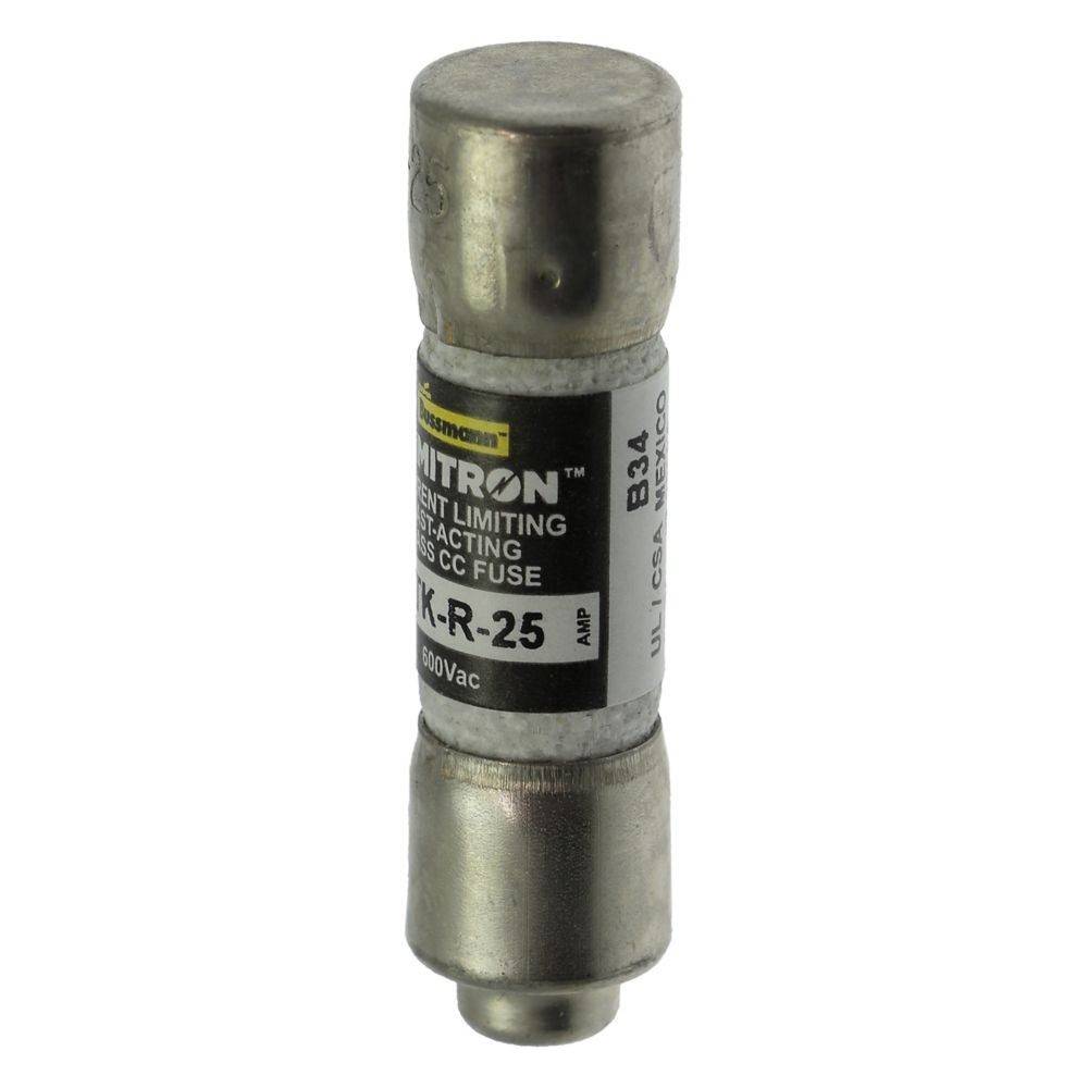 Ein Littelfuse K-R-25 Sicherungsautomat zur Strombegrenzung, mit einer Nennspannung von 600V, 25A. Er hat eine zylindrische Form mit metallischen Endkappen und einem beschrifteten Gehäuse.