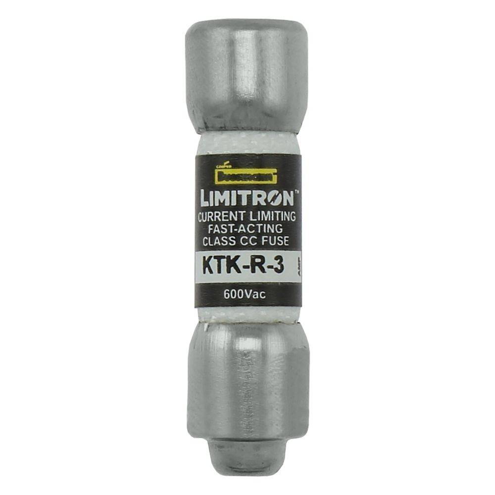 Ein 'Limitron KTK-R-3' Strombegrenzungssicherung, schnell ansprechend, Klasse CC, ausgelegt für 600V AC. Der zylindrische Metallkörper weist beschriftete Details auf.