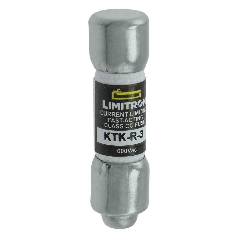 Eine kleine, zylindrische Sicherung mit der Aufschrift 'LIMITRON KTK-R-3' und '600Vac', mit Metallenden, die zur Strombegrenzung in elektrischen Schaltkreisen verwendet wird.
