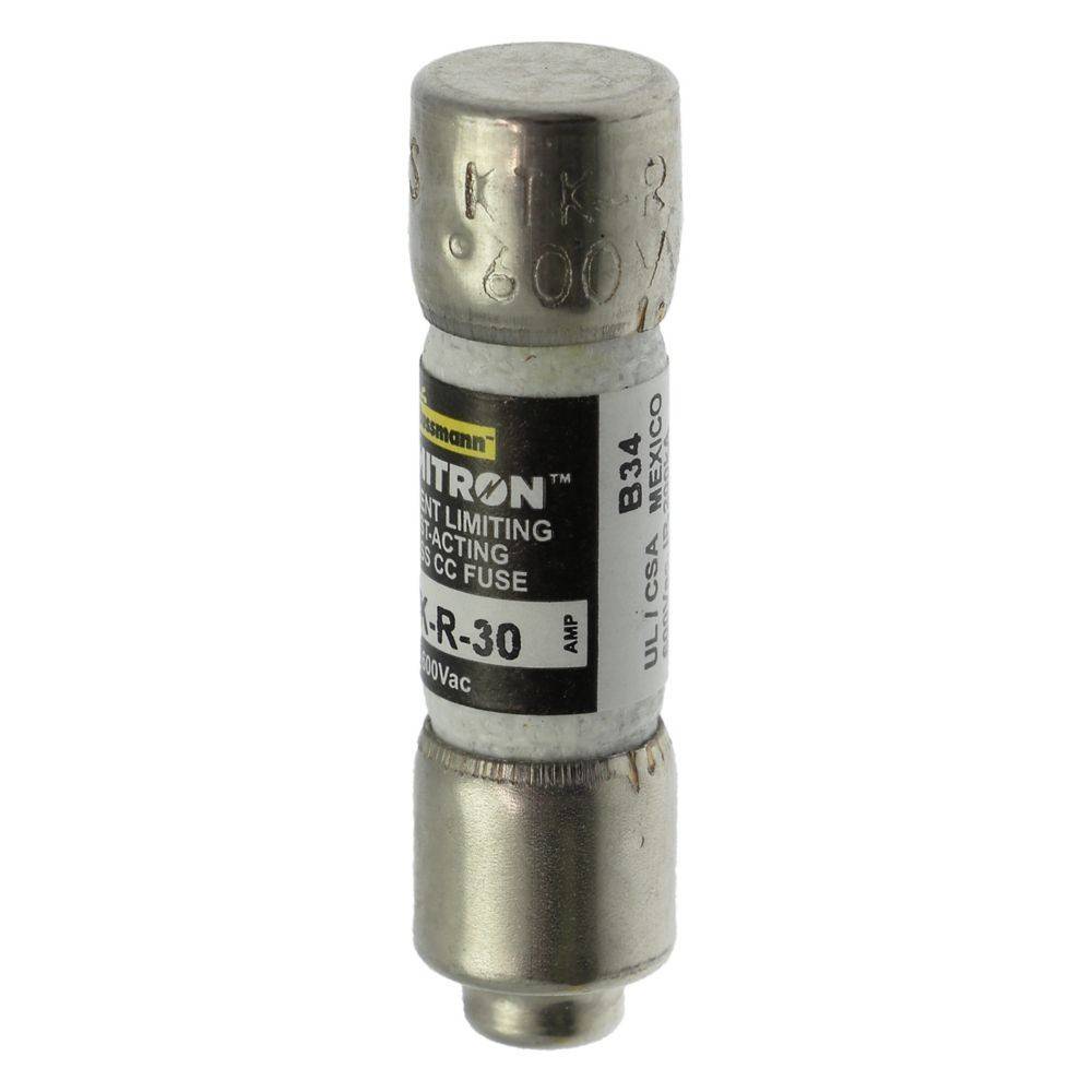 Eine Zylindersicherung mit Metallenden, beschriftet mit ‚Littelfuse KLKR-30', die eine 30-Ampere-Nennstärke und eine strombegrenzende Klasse CC-Sicherung anzeigt.