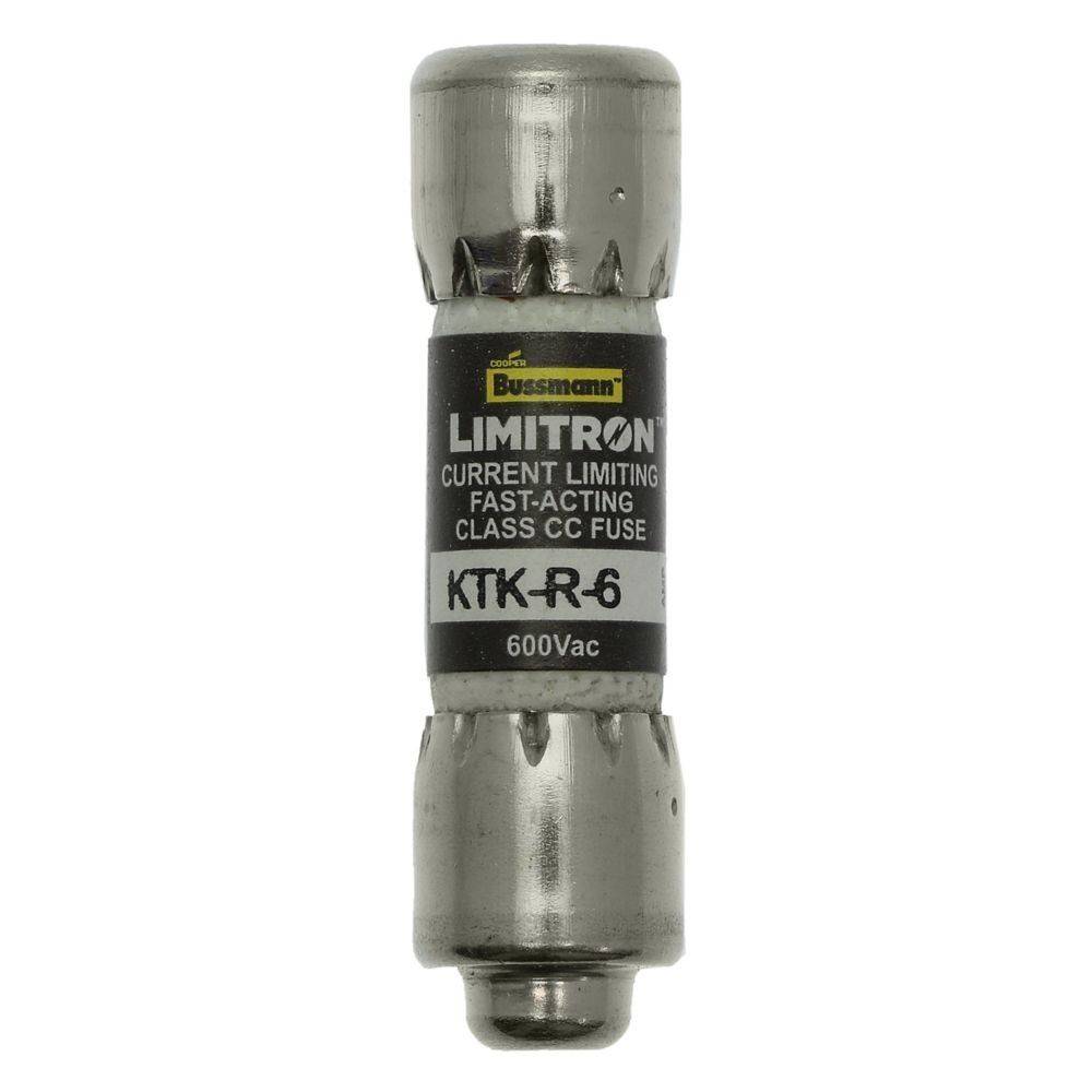 Ein Bussmann Limitron schnell auslösender Klasse-CC-Sicherung, beschriftet mit 'KTK-R-6 600Vac', verwendet zur Strombegrenzung, mit Metallenden und einem zentralen Körper.