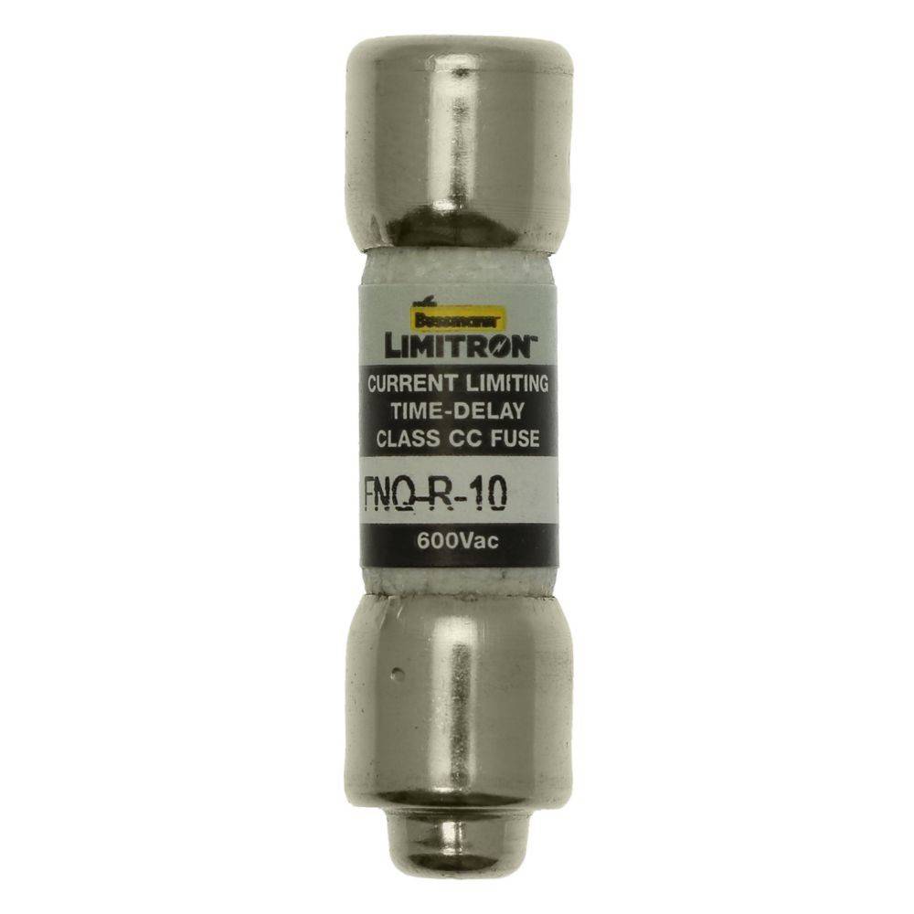 Ein zylindrischer Sicherungseinsatz, beschriftet mit „Bussmann Limitron Klasse CC, FNQ-R-10, 600Vac