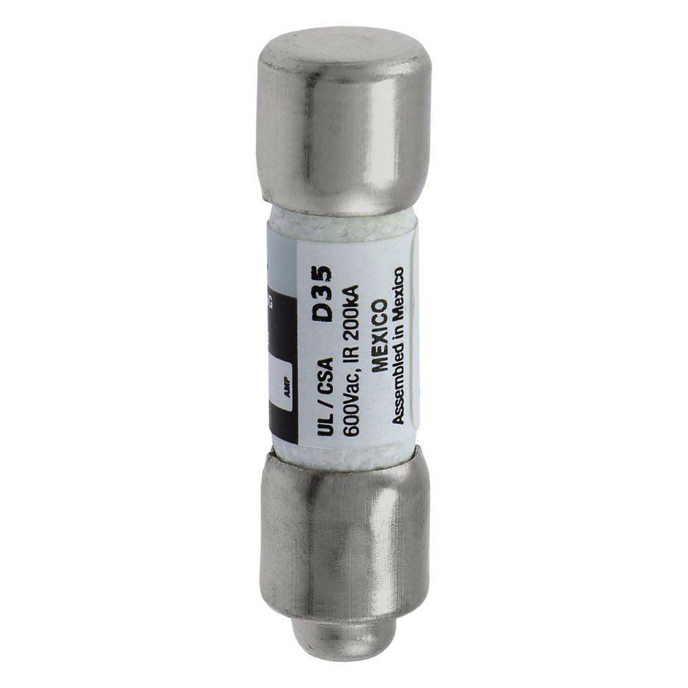 Eine zylindrische elektrische Sicherung mit der Beschriftung '600Vac, 100kA, UL/CSA' mit Metallkappen an beiden Enden.