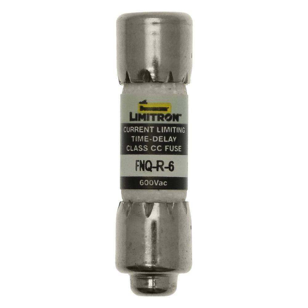 Eine Zylindersicherung mit der Aufschrift 'Littelfuse LITTELFUSE' und 'Current Limiting Time-Delay Class CC Fuse FNQ-R-6 600Vac' darauf.