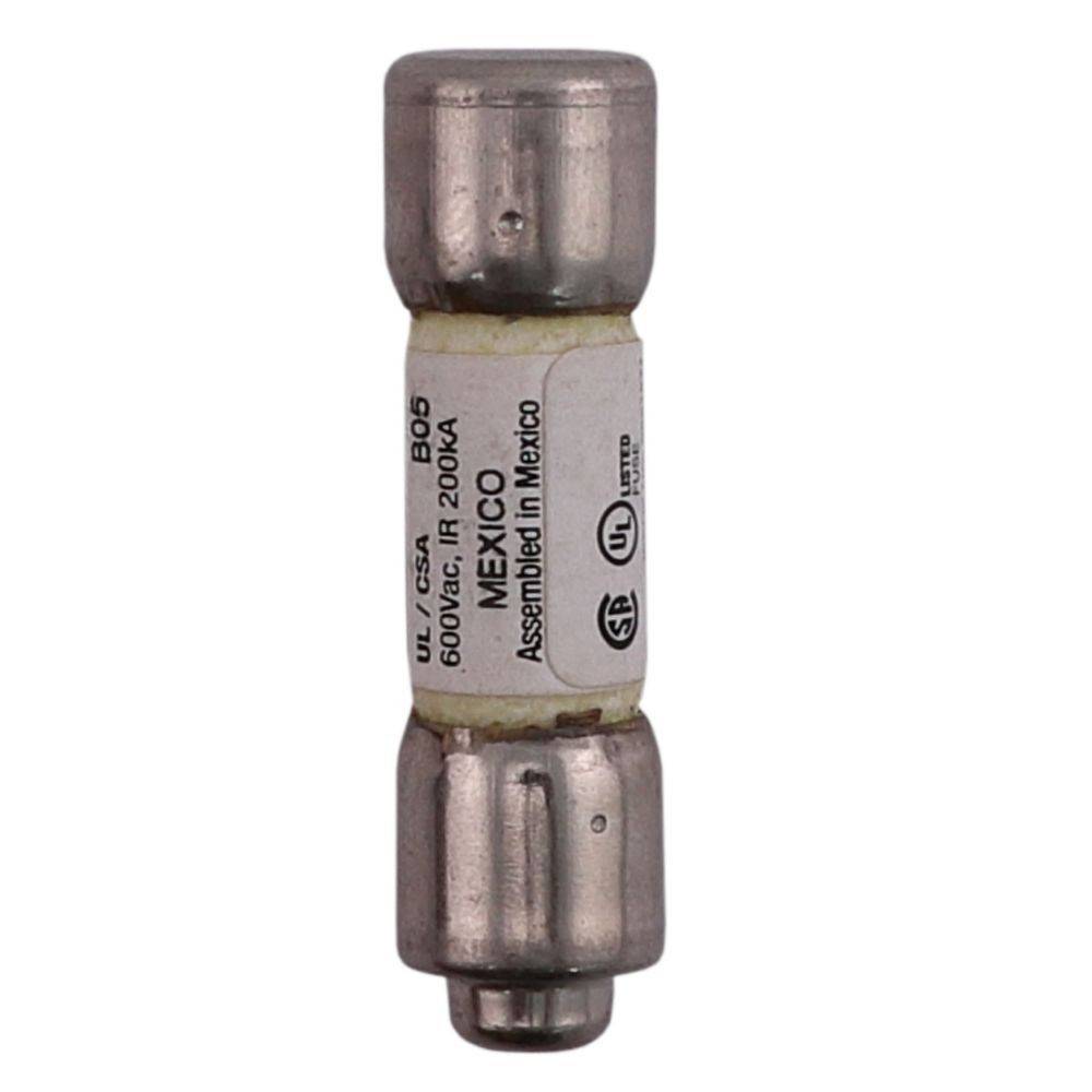 Eine zylindrische elektrische Sicherung mit Metallenden und einem weißen Etikett mit der Aufschrift '600Vac, IR 120kA, Made in Mexico', die zum Schutz von elektrischen Stromkreisen verwendet wird.