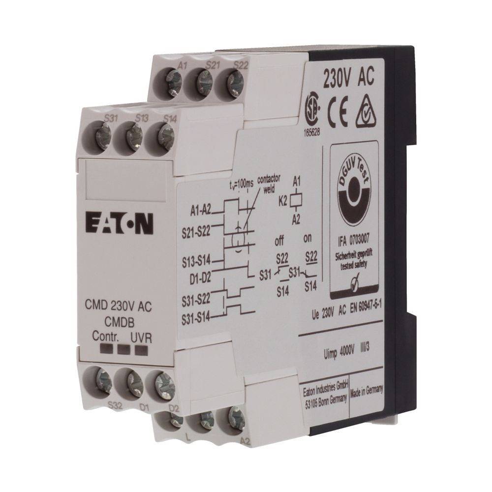 Eaton CMD 230V AC Relaismodul, Modell CMDB, mit Schraubklemmen und beschrifteten Anschlüssen für Steuerungsspannungsanwendungen.