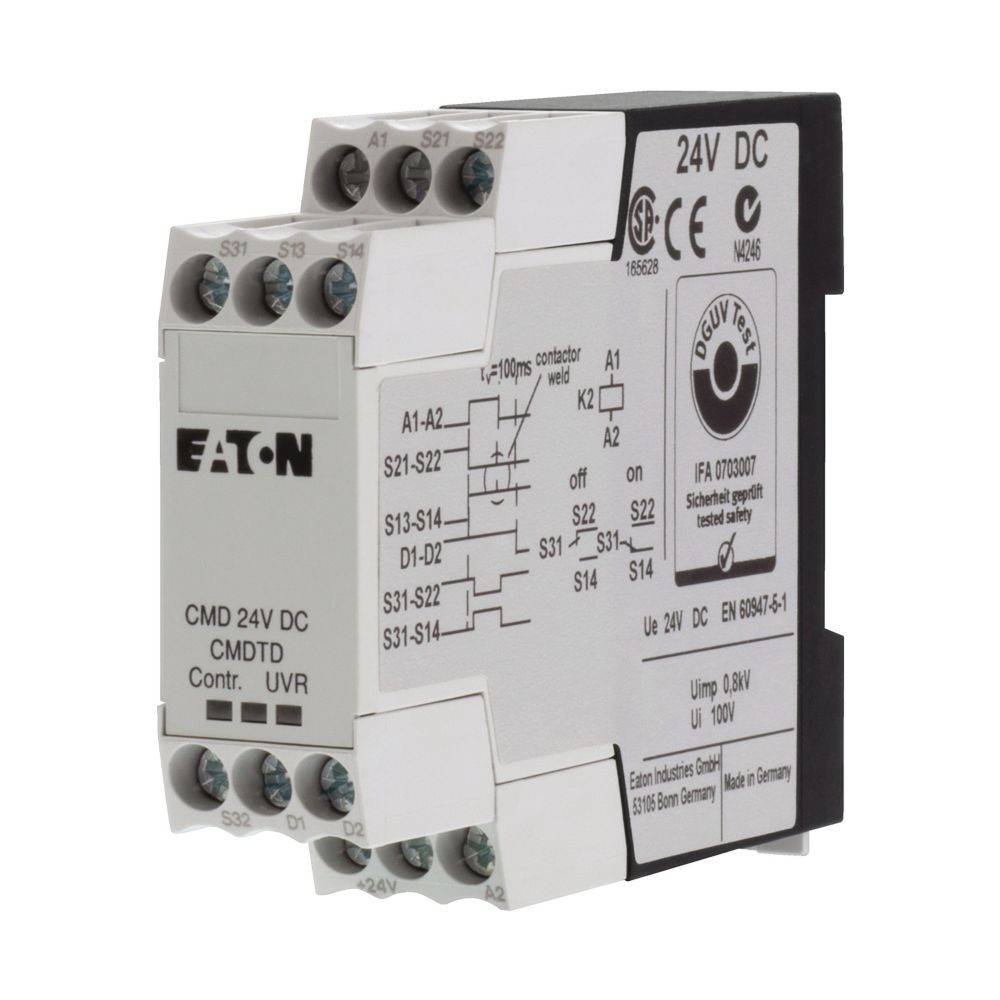 Eaton CMD 24V DC CMDTDD Spannungsrelais mit mehreren Anschlussklemmen und technischen Spezifikationen auf der Frontplatte.