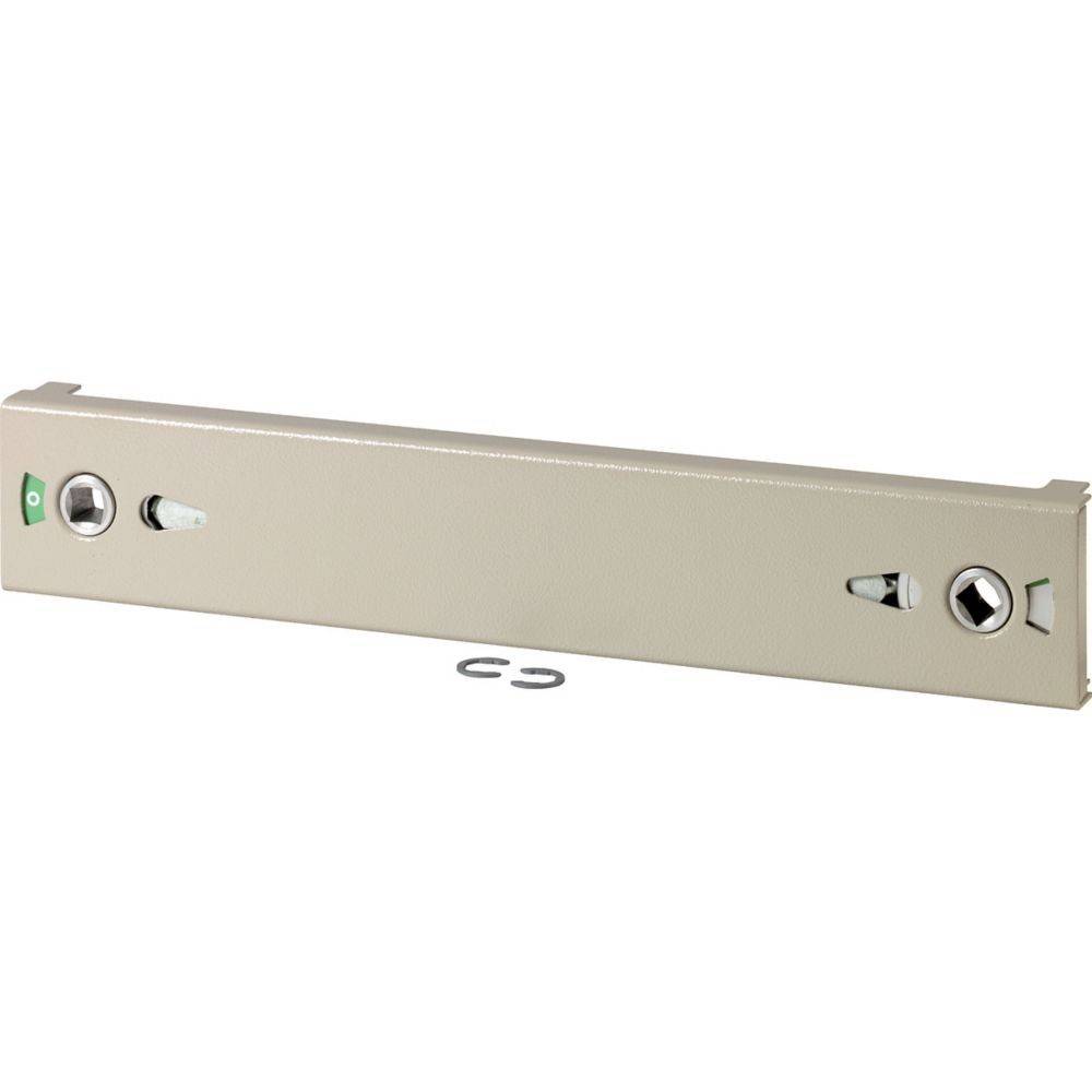 Metallische beige Abdeckung mit zwei Schlüssellöchern und einem kleinen grünen Indikator auf der linken Seite. Verwendet für sichere Einhausungspaneele.