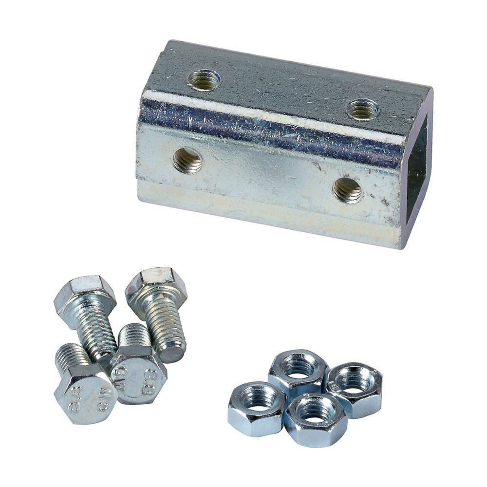 Ein Metallverbindungsblock mit Gewindebohrungen wird zusammen mit mehreren Schrauben und Muttern gezeigt, was auf Komponenten zur Montage hindeutet.