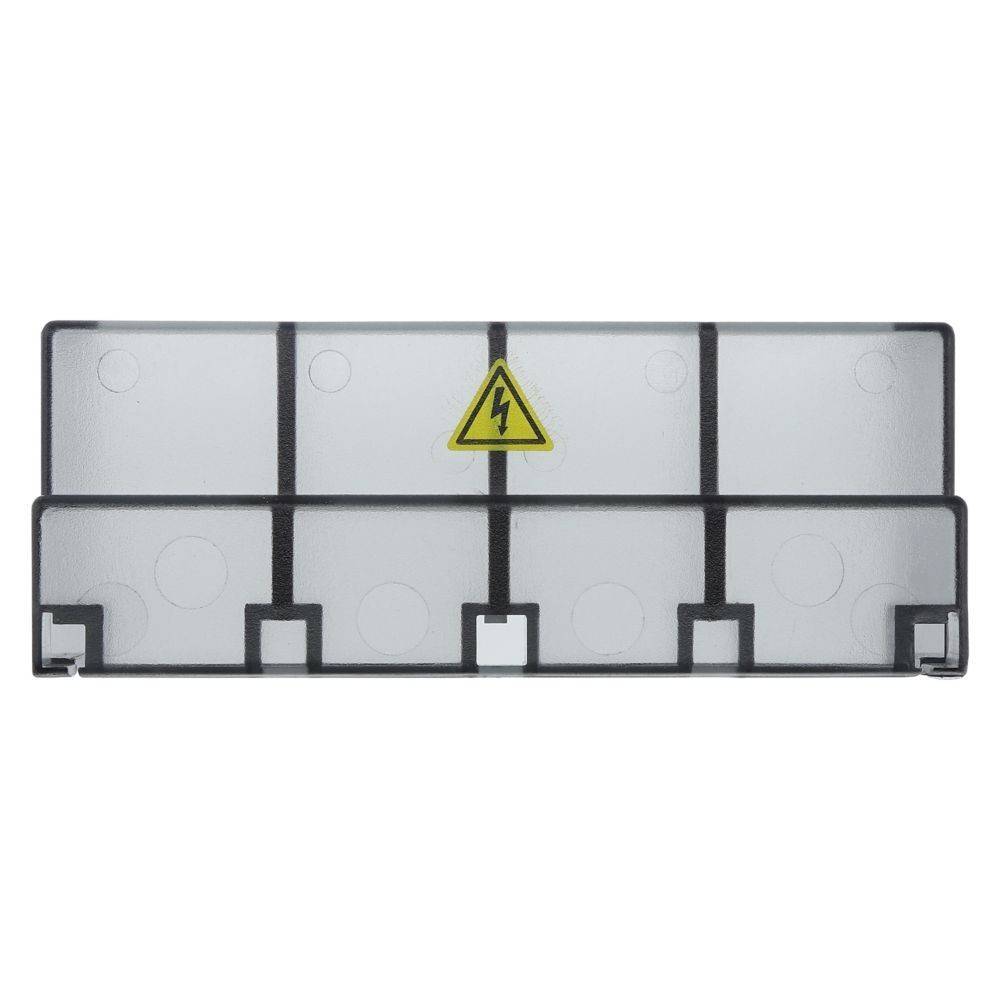Transparente rechteckige Kunststoffabdeckung mit schwarzem Rahmen und gelbem Warndreieck-Symbol, das auf elektrische Gefahr hinweist.