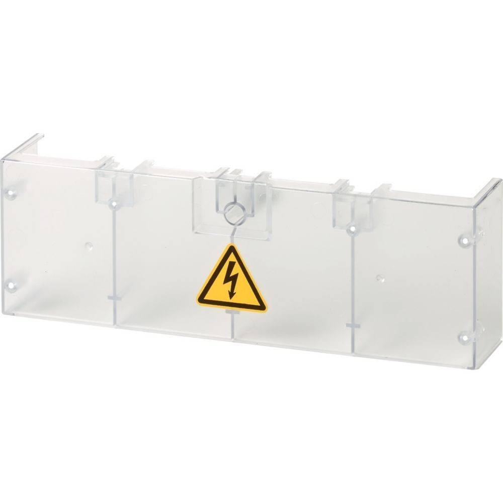 Transparente Sicherheitsabdeckung mit einem gelben Warndreieck und einem schwarzen Blitzsymbol, das eine elektrische Gefährdung anzeigt.
