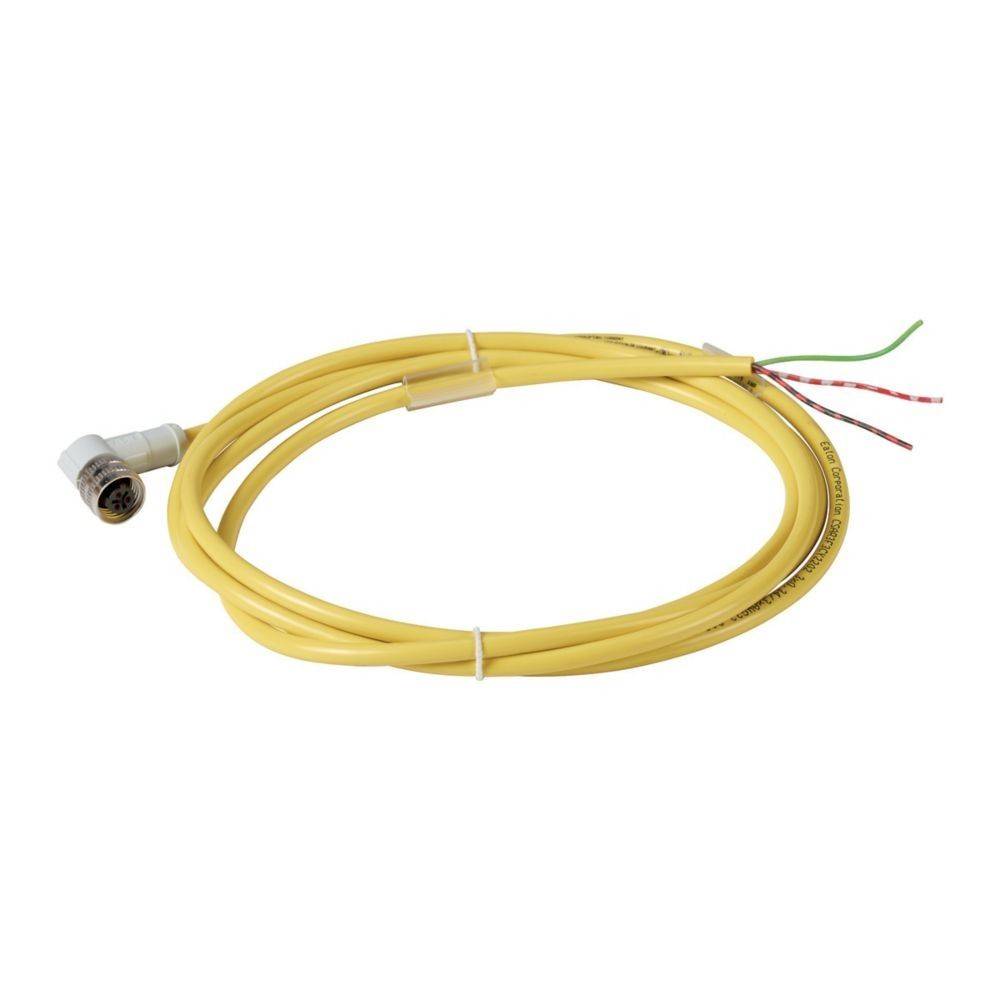 Ein gewickeltes gelbes industrielles Kabel mit einem Ende, das einen Anschluss aufweist, und dem anderen Ende mit freiliegenden Drähten.