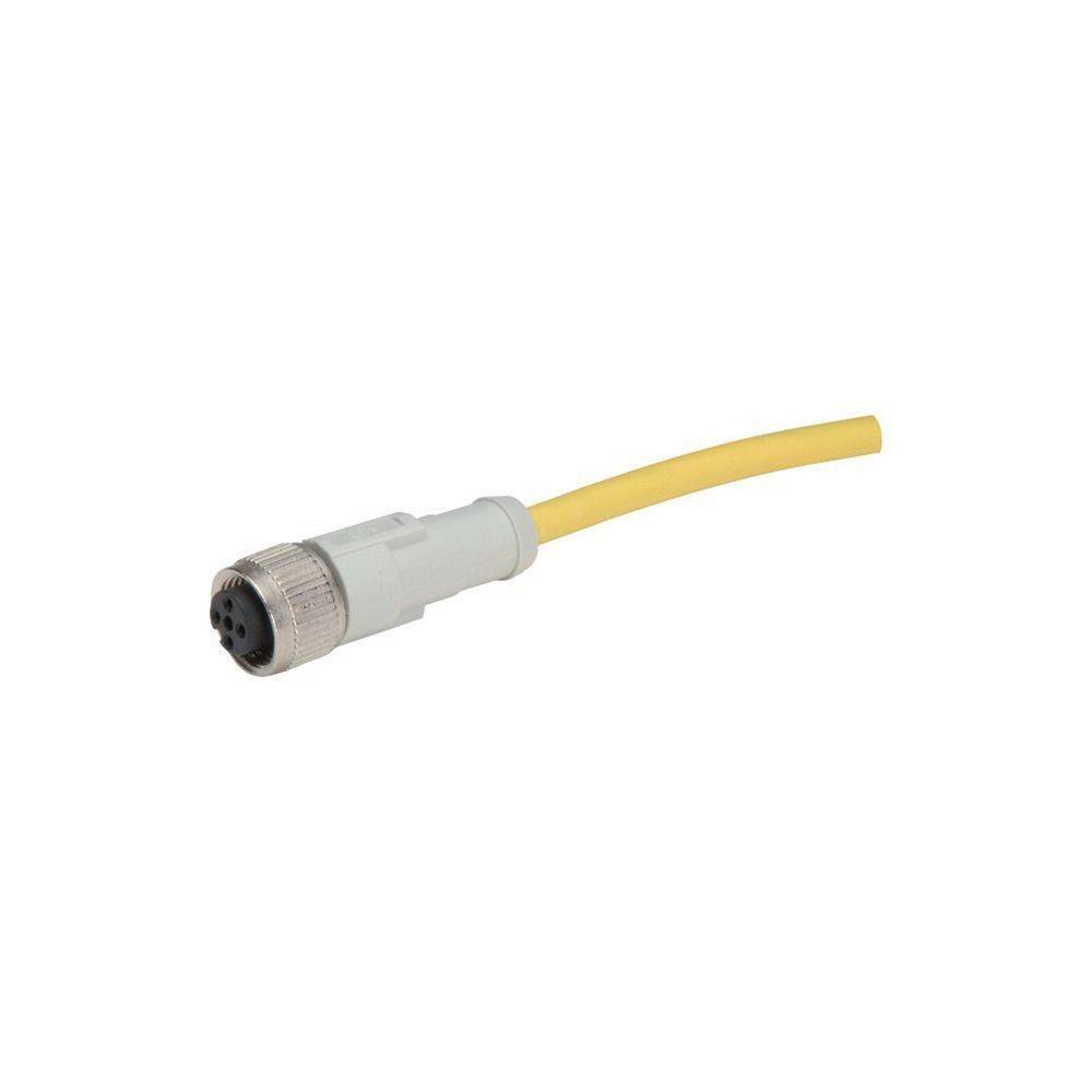 Ein gelbes Kabel mit einem grauen Steckverbinder, der mehrere Buchsenkontakte aufweist, wahrscheinlich für industrielle oder elektronische Verbindungen verwendet.