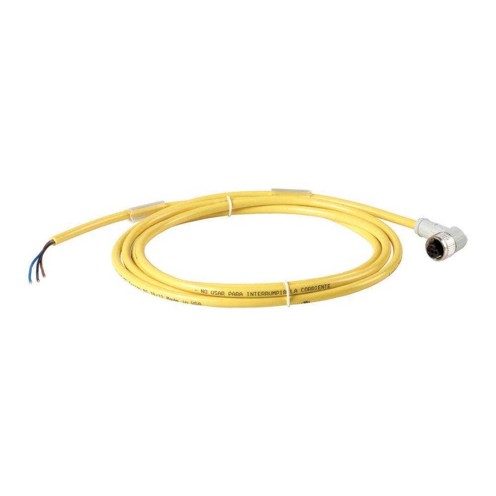 Ein gewickeltes gelbes elektrisches Kabel mit einem Stecker an einem Ende und drei freiliegenden Leitungen am anderen Ende, geeignet für industrielle Anwendungen.