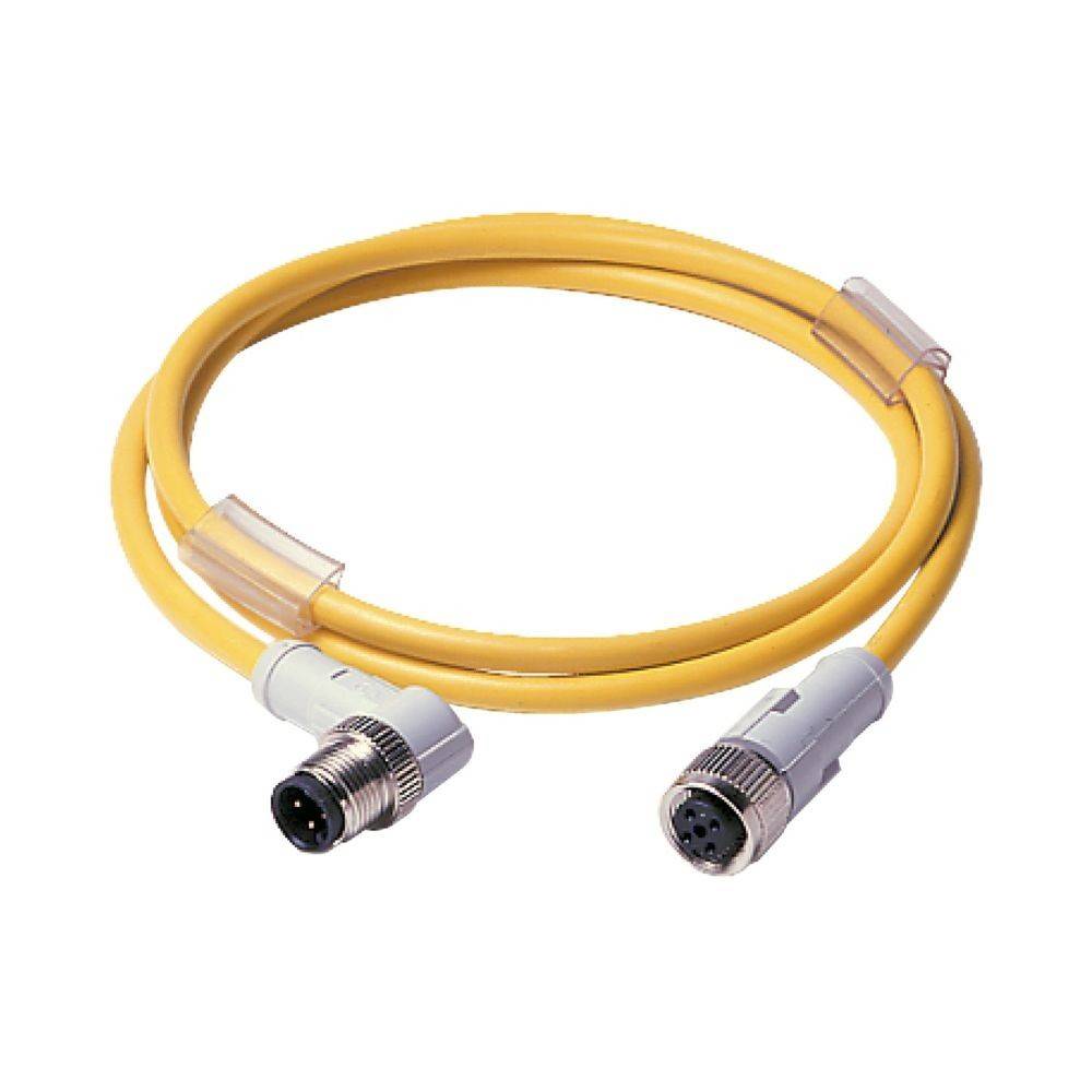 Ein gelbes rundes Kabel mit zwei Anschlüssen, einer gewinkelt, beide an den Enden, geeignet für industrielle oder Datenanwendungen.