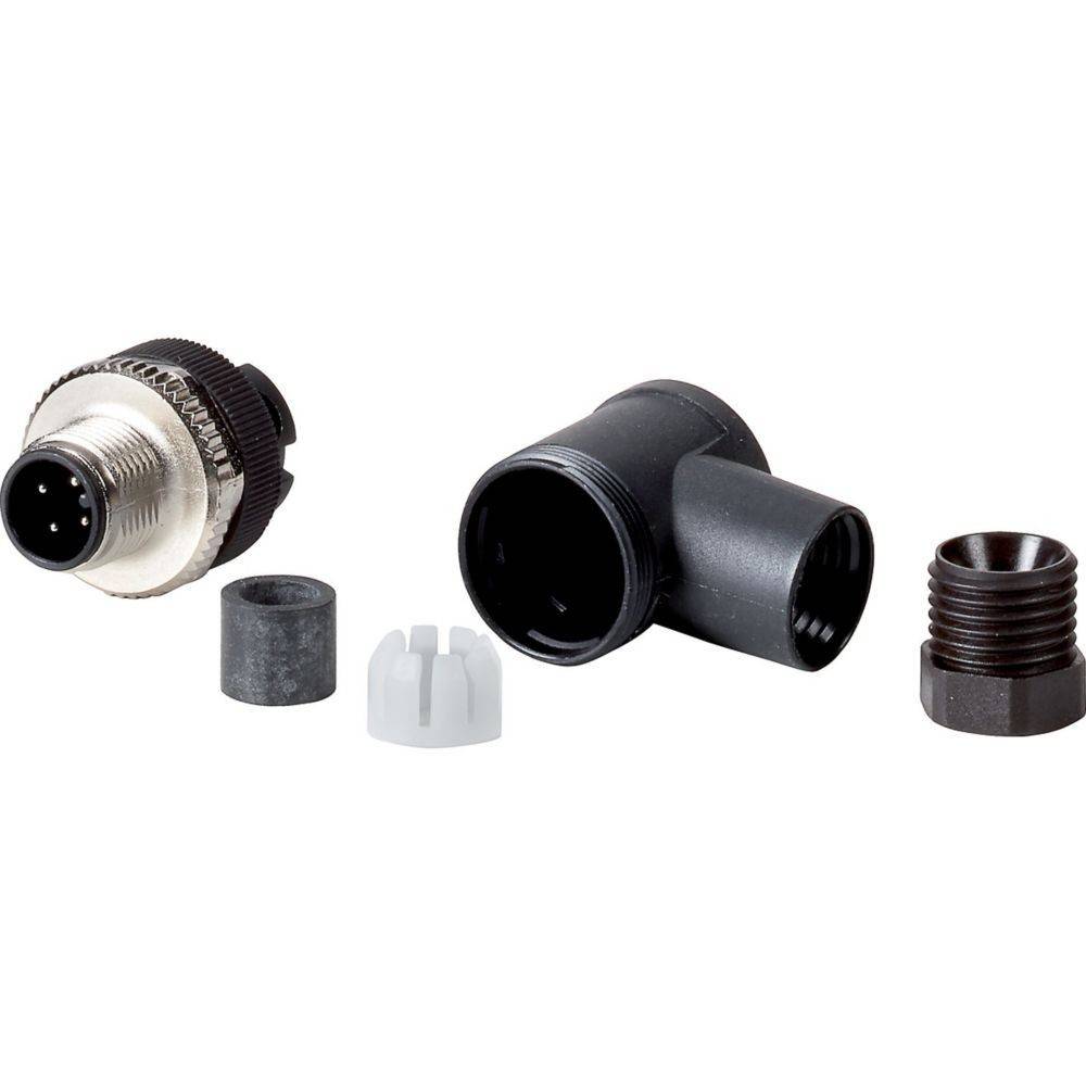 Anschlusskomponenten bestehend aus einem metallischen Kreisanschluss, einem schwarzen L-förmigen Stecker, einer Dichtung und einer kleinen Kappe, separat ausgelegt.
