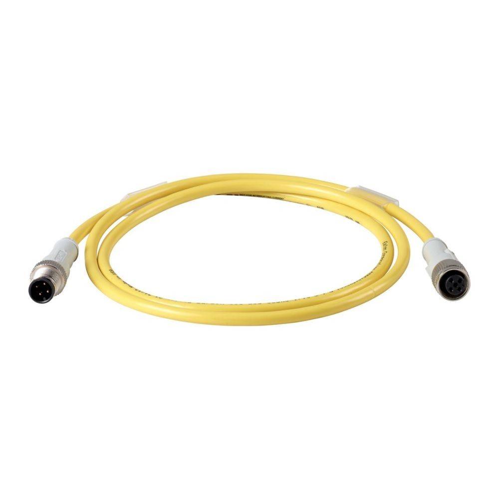 Ein aufgewickeltes gelbes Kabel mit einem Stecker an jedem Ende, geeignet für industrielle oder elektronische Anwendungen.