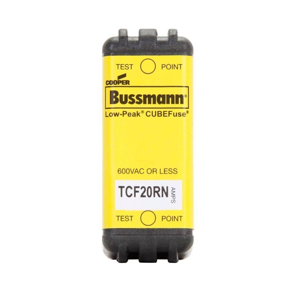 Ein gelber Bussmann Low-Peak CUBEFuse mit der Beschriftung 'TCF20RN', ausgelegt für 600 VAC, zur elektrischen Sicherung in Stromkreisen.