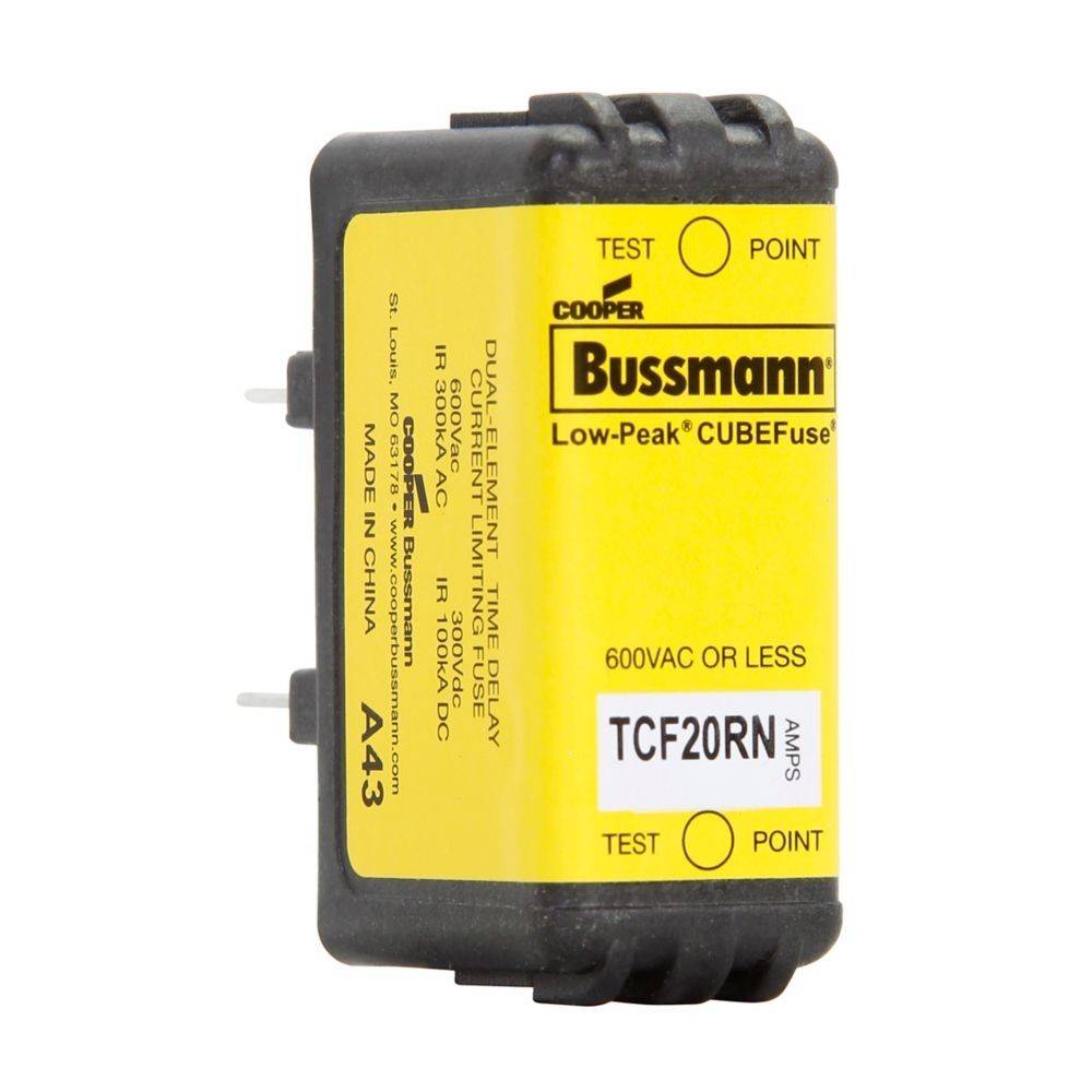 Eine gelbe und schwarze Bussmann Low-Peak CUBEFuse mit der Beschriftung „600VAC ODER WENIGER TCF20RN
