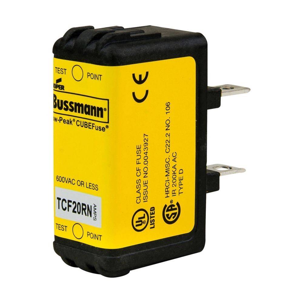 Eine gelbe 600VAC-Sicherung mit der Teilenummer TCF20RN, entwickelt für Messpunkte, hergestellt von Bussmann, mit einem schwarz-gelben Gehäuse.