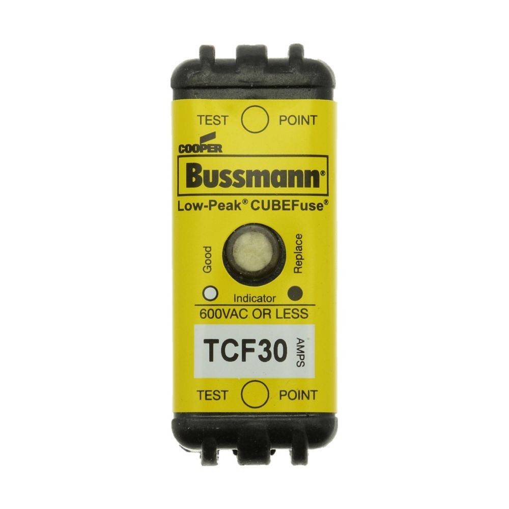 Ein gelber Bussmann Low-Peak CUBEFuse mit Testpunkten. Zeigt den Status „Gut