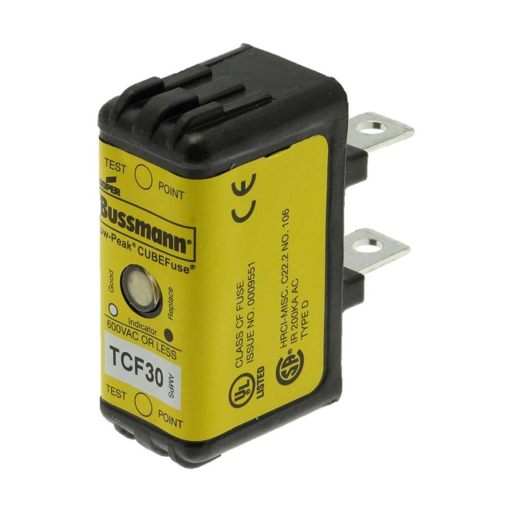 Der 'Bussmann Peak CubeFuse' ist ein gelb-schwarzer elektrischer Sicherungseinsatz mit Anzeigepunkten und Testpunkten, ausgelegt für 600V AC oder weniger.